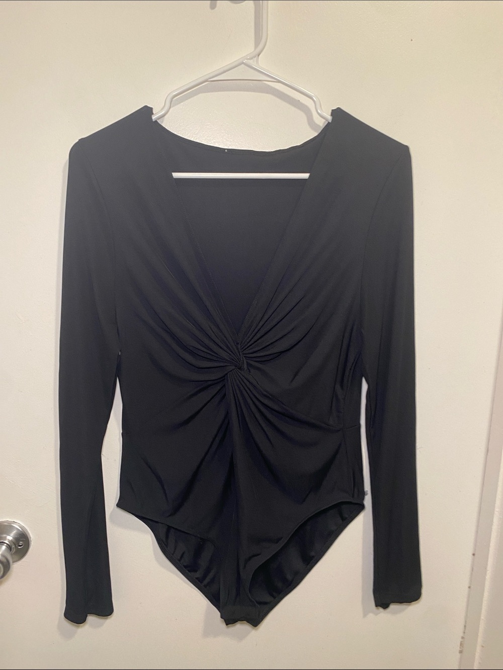 Black Twist-Front Long Sleeve Bodysuit - Women Tops